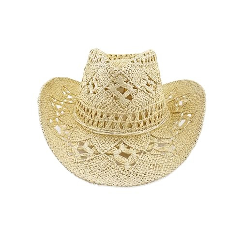 Women's Straw Cowboy Hat Summer Cowgirl Woven Sun Hat, Wide Brim Sparkly Western Cowboy Hat for Beach (Beige) | Amazon (US)