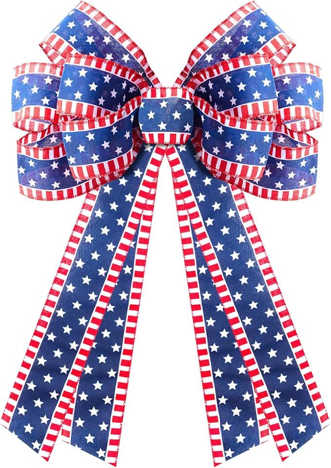 Large Patriotic Bows for Wreath, 16'' x 24'' Patriotic Wreath Bows Memorial Day Burlap Stripes Bo... | Amazon (US)