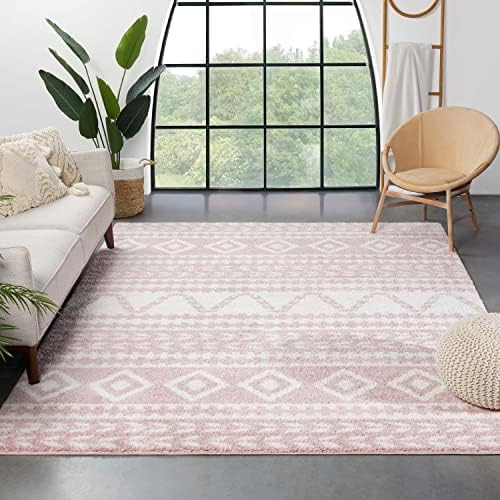 Well Woven Tribal Diamond Stripes Blush Pink Soft Shag Area Rug 5x7 (5'3"x7'3") | Amazon (US)