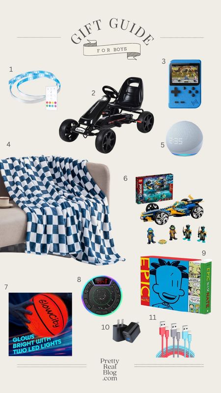 Gift ideas for boys 7-10, gift ideas for kids, gift guide, checkered throw, go kart, retro game, LED light strips (we have and love!), big Nate book, glow in the dark ball 

#LTKGiftGuide #LTKkids #LTKfamily