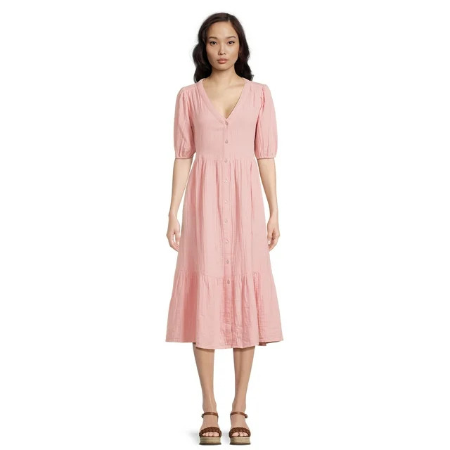 Time and Tru Women’s Tiered Midi Dress with Short Sleeves, Sizes XS-XXXL | Walmart (US)
