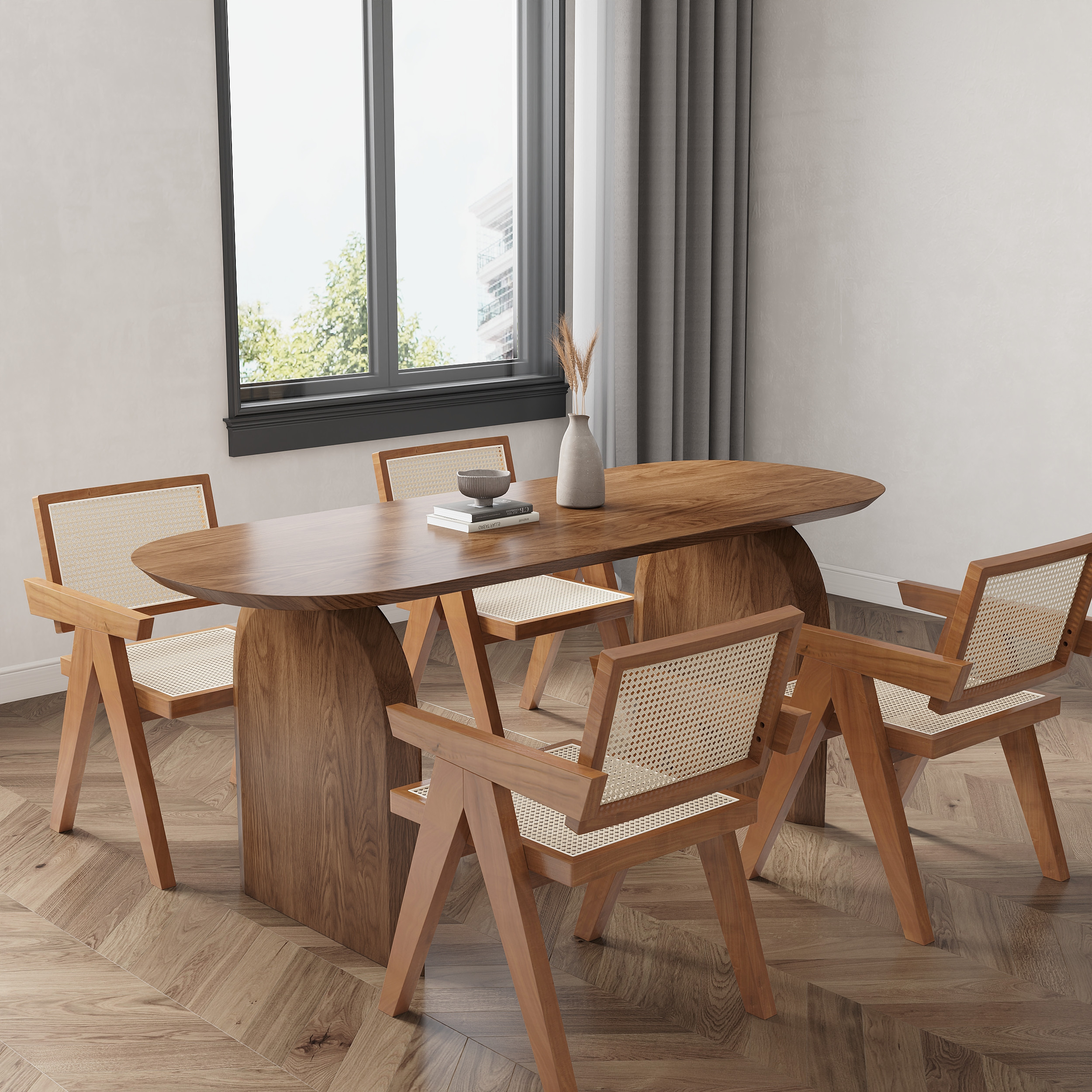 Dining Table Set 70.9"" Oval Solid Wood Dining Table & 4 Walnut Japandi Rattan Dining Chairs | Homary