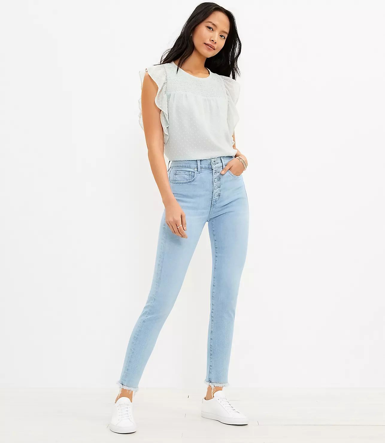 Frayed Button Front High Rise Skinny Jeans in Original Mid Indigo Wash | LOFT