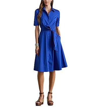 Lauren Ralph Lauren Petite Size Cotton Blend Point Collar Elbow Sleeve Belted Midi Shirtdress - 4P | Dillard's