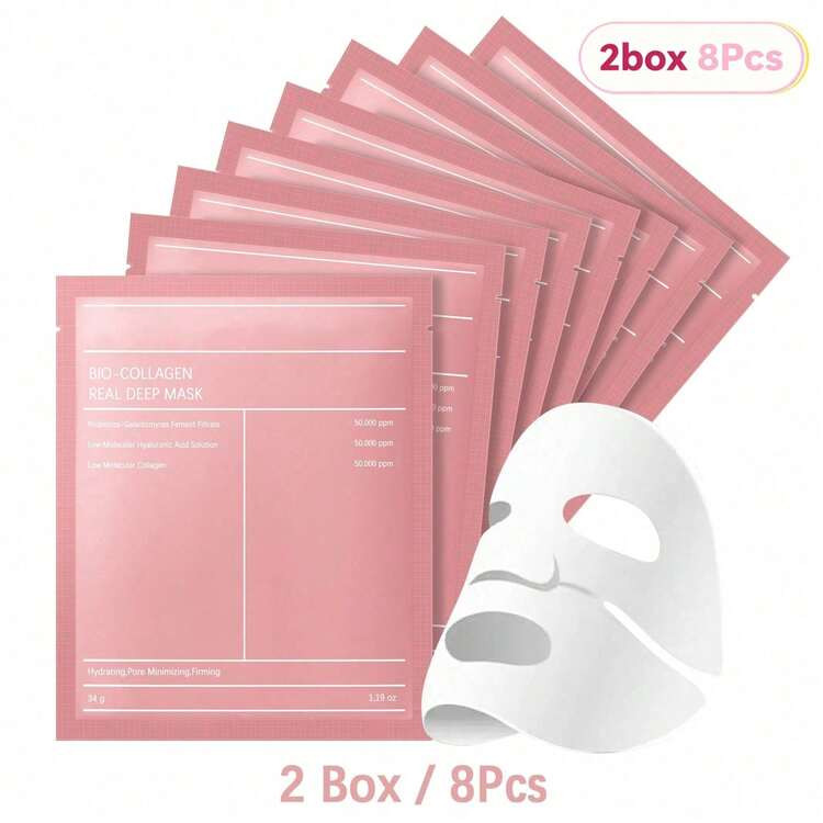 8 Pcs Collagen Deep Hydrating Facial Sheet Mask (2 Boxes) | Hyaluronic Acid & Niacinamide Infused | Alcohol-Free, Anti-Aging & Firming | Pore Minimizing, Overnight Radiant Skin | Unisex-Adult, All Skin Types Friendly | Light Beige Care, Local Warehouse | SHEIN