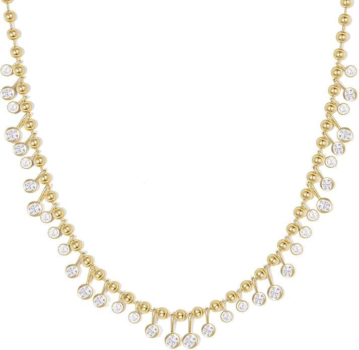 KissYan Cubic Zirconia Charm Necklace for Women, 14K Gold Plated Beaded Chain Rainbow White CZ Ne... | Amazon (US)