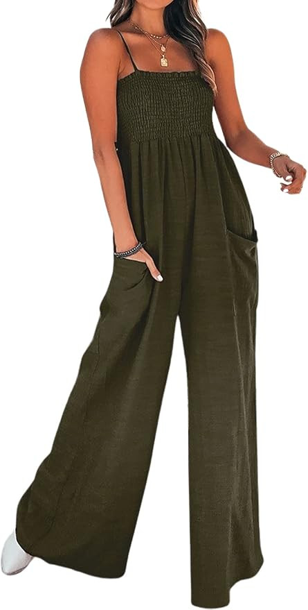 CUPSHE Summer Women Slip Ruching Smocked Jumpsuit Pants Square Neck Speghetti Straps Loose Waiste... | Amazon (US)