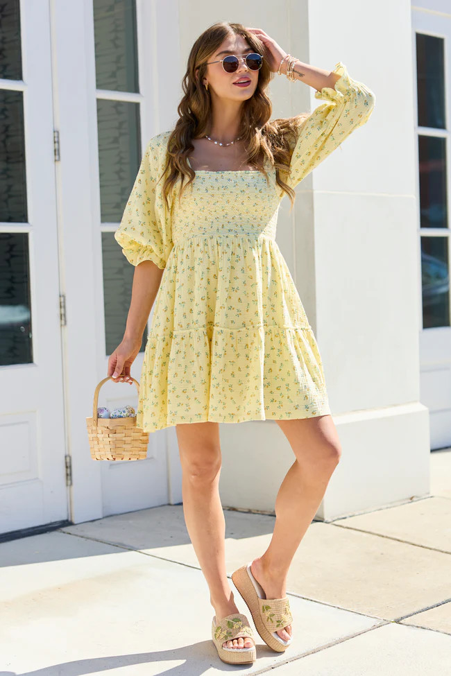 Quincy Yellow Floral Smocked Top Dress | Pink Lily