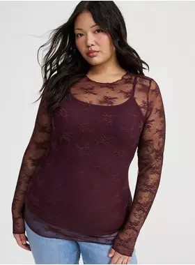 Sheer Lace Crew Long Sleeve Top | Torrid (US & Canada)