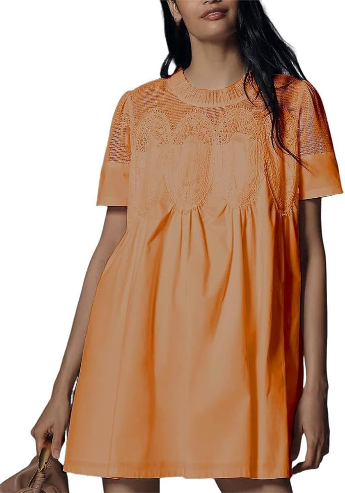 VAOYIU Women Crochet Lace Mini Dress Round Neck Short Sleeve Sheer Mesh Clothing Casual Outfits w... | Amazon (US)