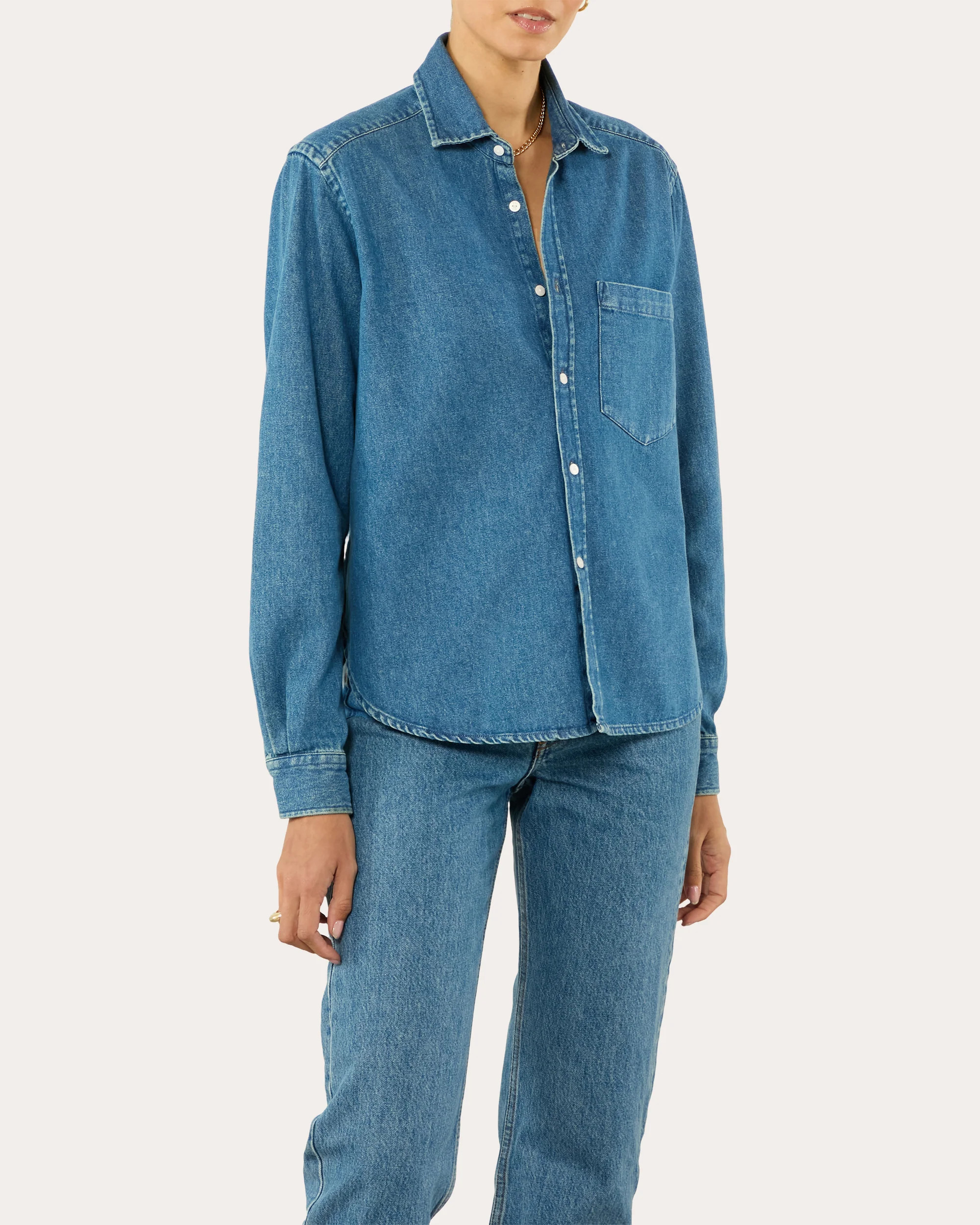 With Nothing Underneath Women's The Classic Cotton Denim Button-Up Shirt in Blue Cotton/Denim | Olivela