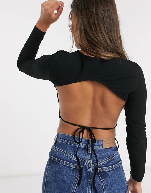 ASOS DESIGN Petite long sleeve top with open back and tie | ASOS (Global)