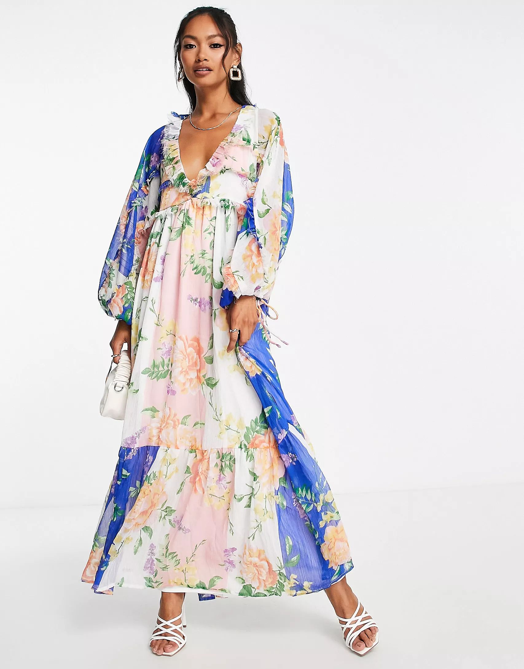 ASOS DESIGN long sleeve chiffon smock midi dress in oversized floral print | ASOS (Global)