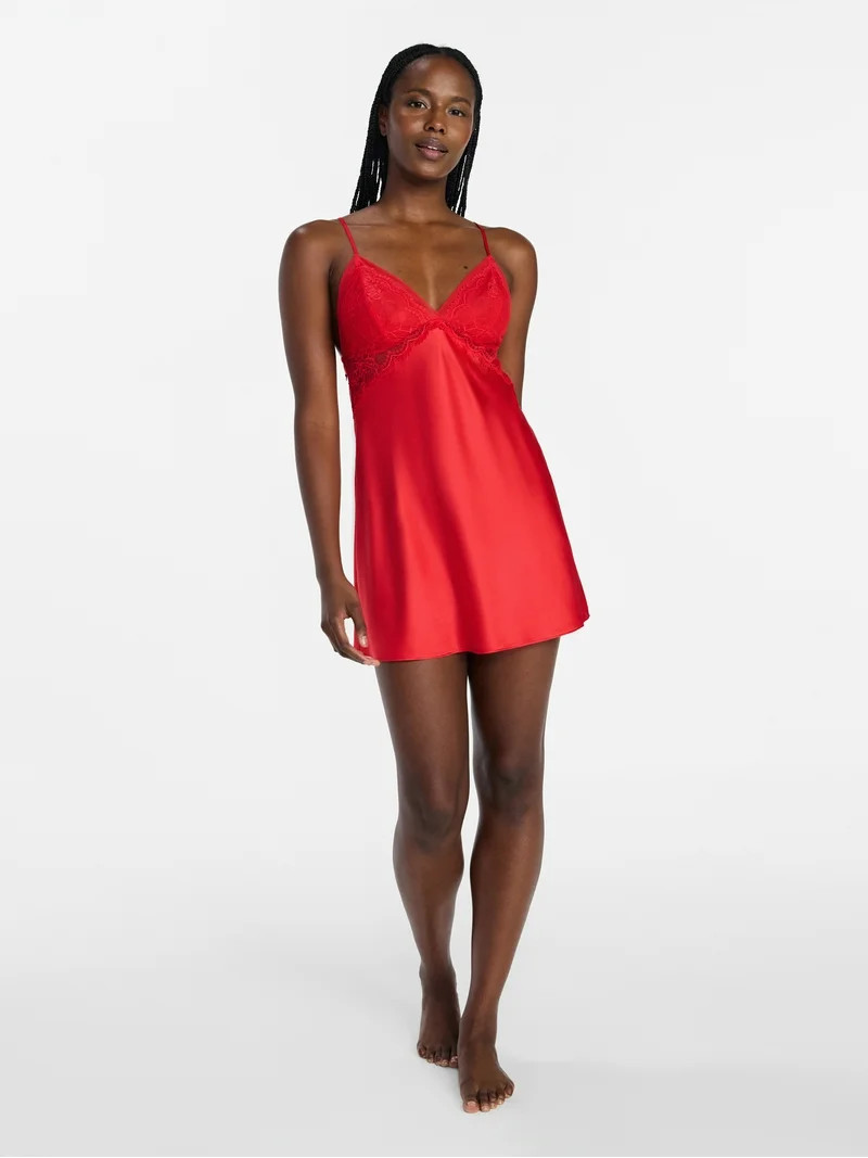 Joyspun Women’s Lace Trim Satin Valentine's Day Chemise, Sizes S-3X | Walmart (US)