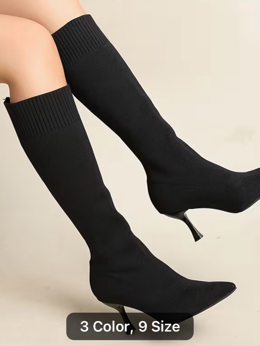 Knit Stretch Knee-High Pointed Toe Boots - Black | Poshmark