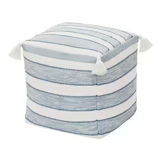 18 in. x 18 in. x 18 in. CushionGuard White and Blue Square Outdoor Pouf with Tassel | The Home Depot