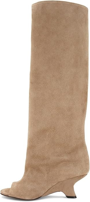Open Toe Suede Knee High Boots Wide Calf Wedge Heel | Amazon (US)