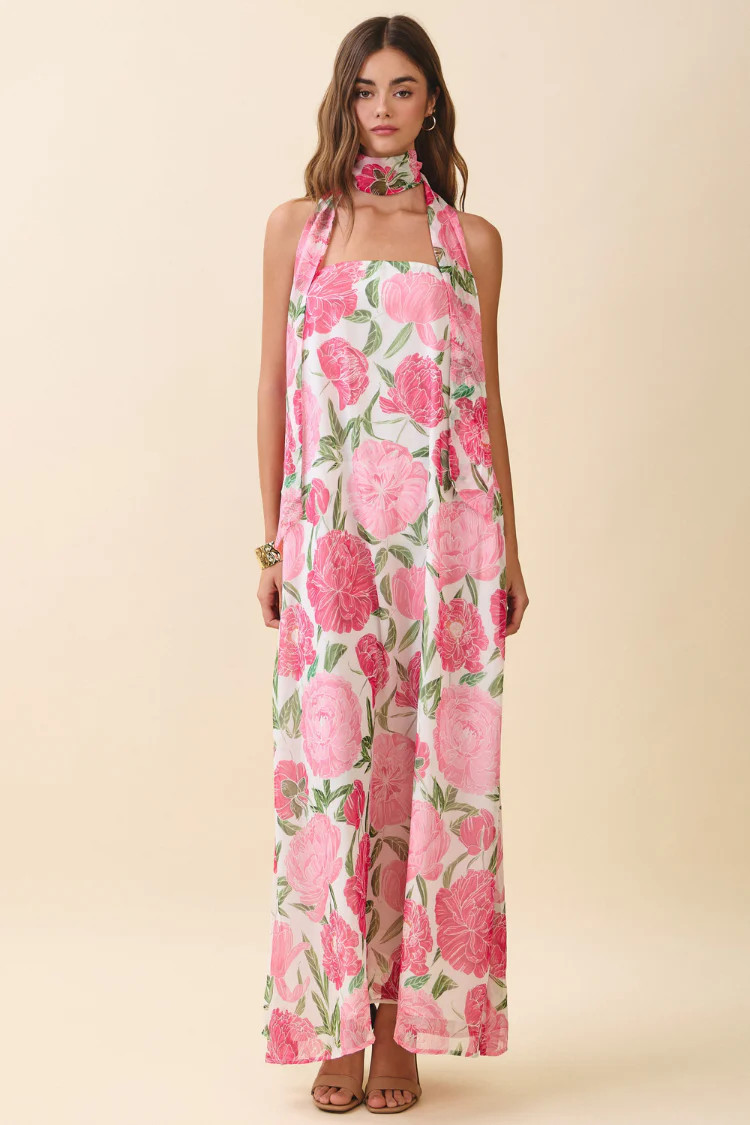 Peony Dreams Maxi Dress with Neck Scarf | Confête