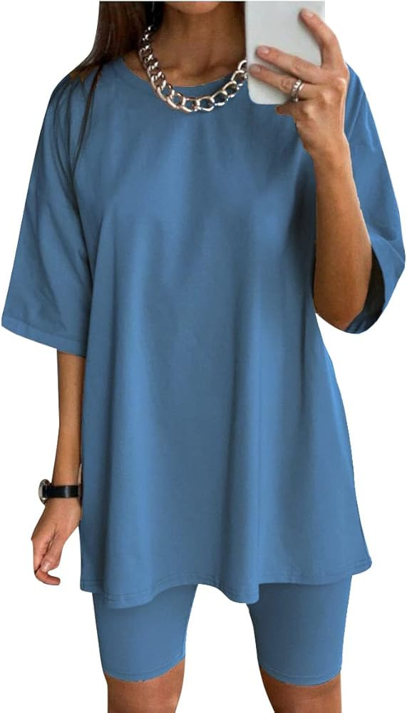 Glamaker Women 2 Piece Outfit sets Casual Oversized T-Shirt Tops Biker Shorts Workout Sports Trac... | Amazon (US)