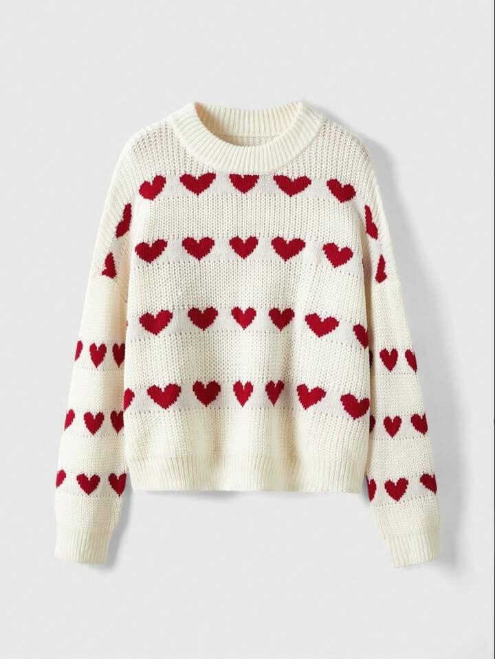 ROMWE Kawaii Heart Pattern Drop Shoulder Sweater | SHEIN