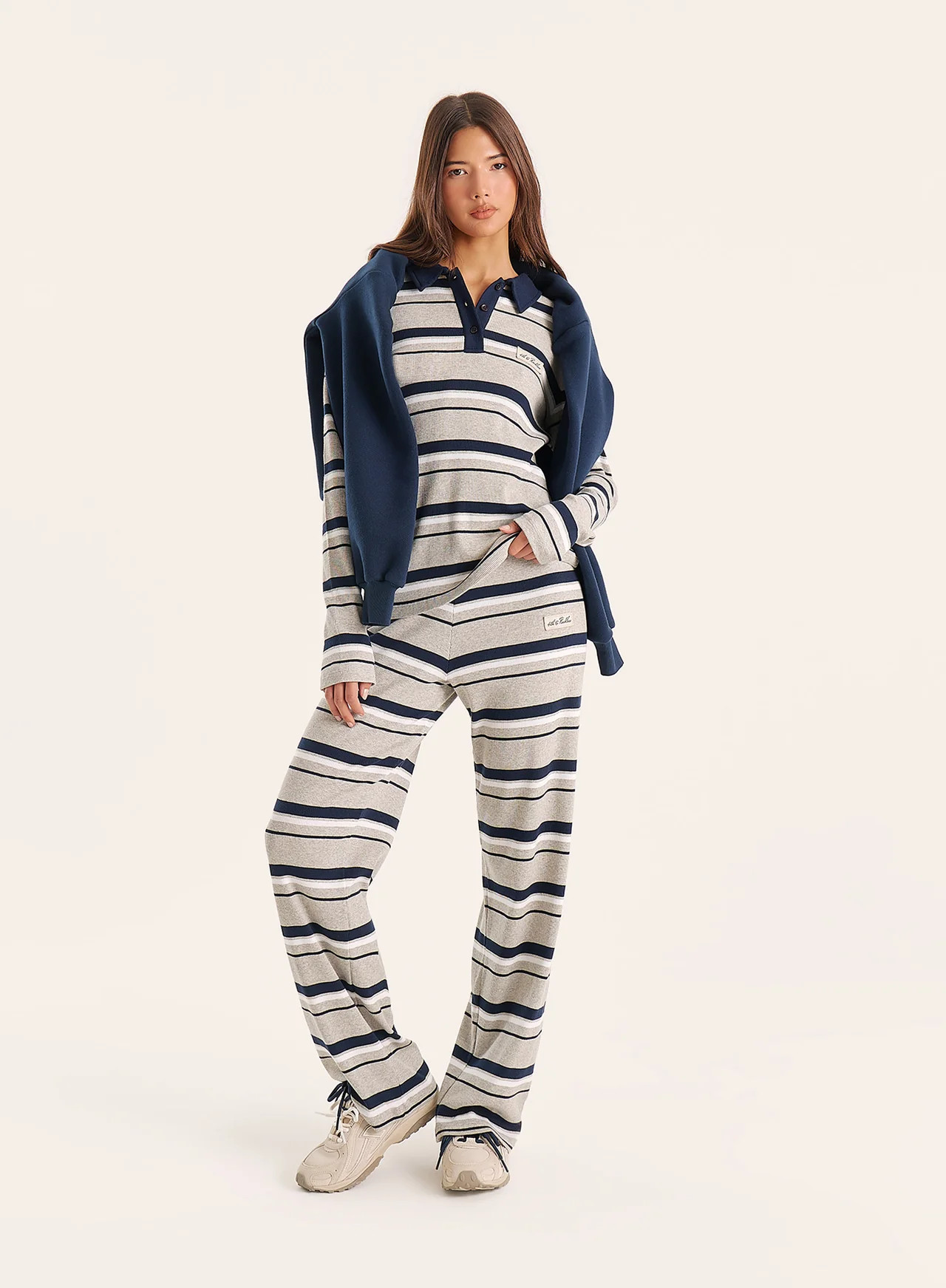 Women's Grey and Blue Striped Ribbed Jersey Trousers | Liliana | 4th & Reckless | 4th & Reckless
