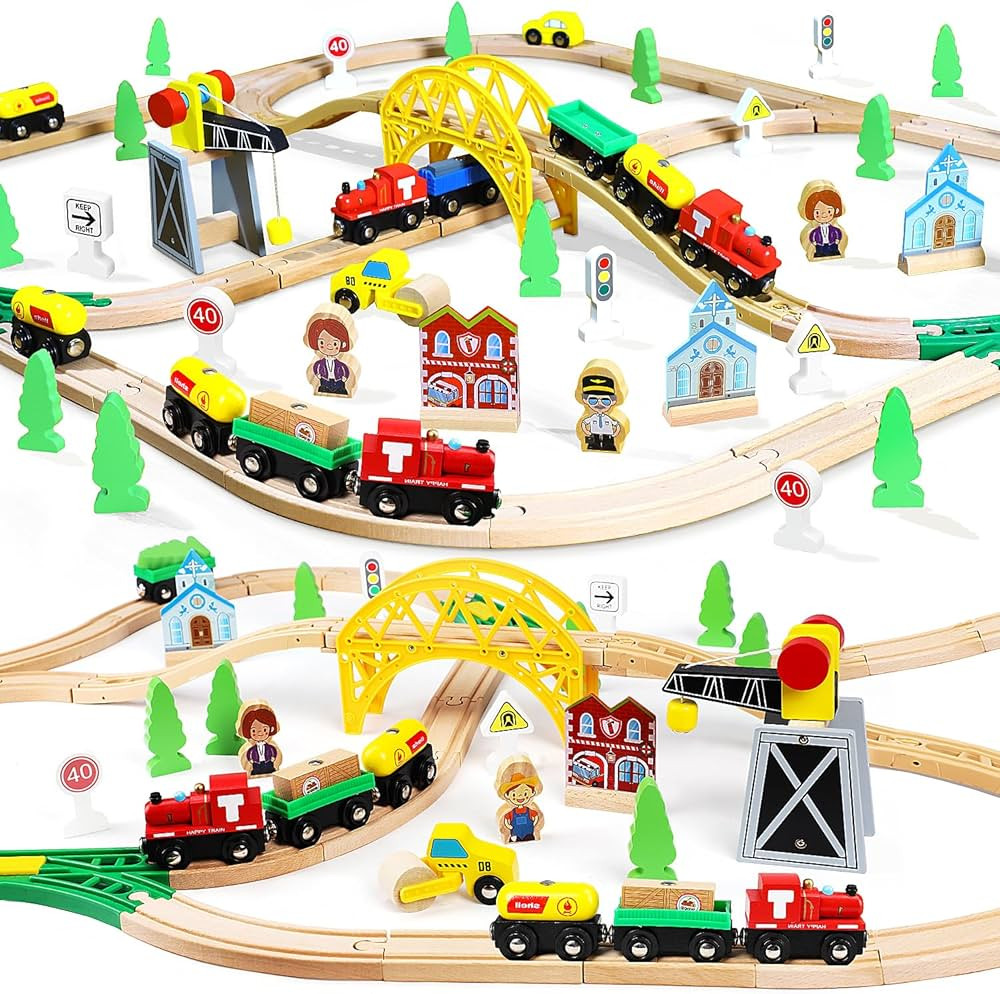 TOY Life Wooden Train Set 60pcs with Magnetic Crane, Wooden Train Tracks Toys for Toddlers Boys G... | Amazon (US)