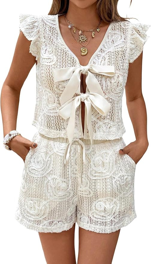 SOLY HUX Women's Summer Vacation Eyelet Short Sets 2 Piece Outfit | Tie Front, Ruffle Crop Top an... | Amazon (US)