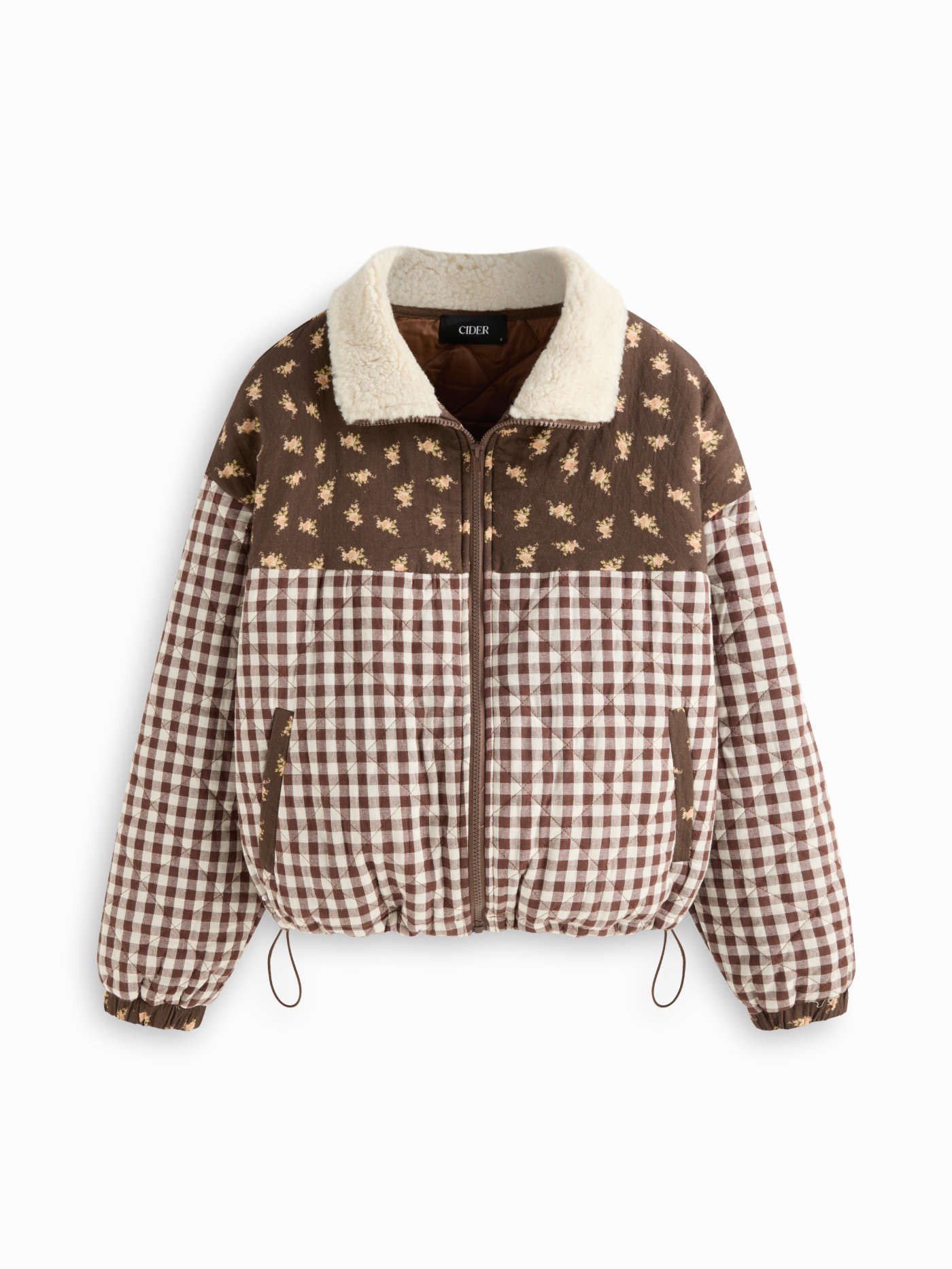 Woven Cotton Funnel Neck Gingham & Ditsy Floral Patched Oversized Jacket For Daily Casual | Cider