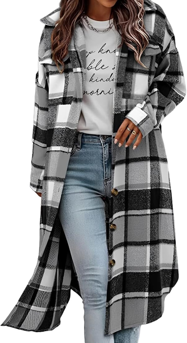 Women's 2023 Plaid Shacket Jacket Long Button Down Shirts Fall Casual Oversized Coat | Amazon (US)