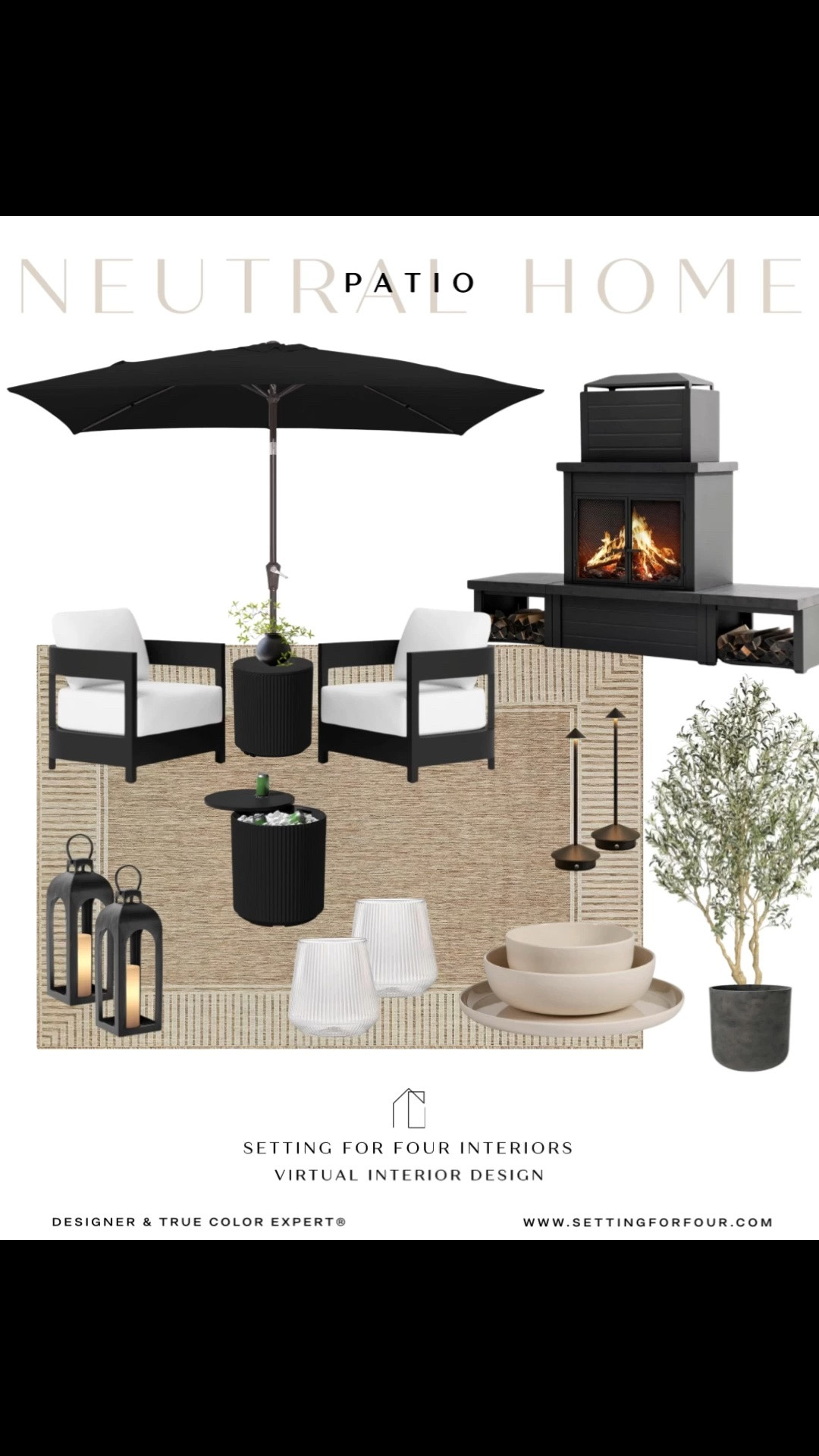 Patio oasis designer picks. Neutral aesthetic- black, white and beige, outdoor chairs, outdoor fireplace, rug, lanterns, up resistant outdoor olive tree, patio umbrella, patio lights, melamine plates, acrylic glasses, backyard, outdoor, patio table lamps, umbrella and umbrella stand, cooler, summer decor, Amazon home, Target style, Wayfair, Pottery Barn style

#LTKsummer #LTKhome #LTKsale