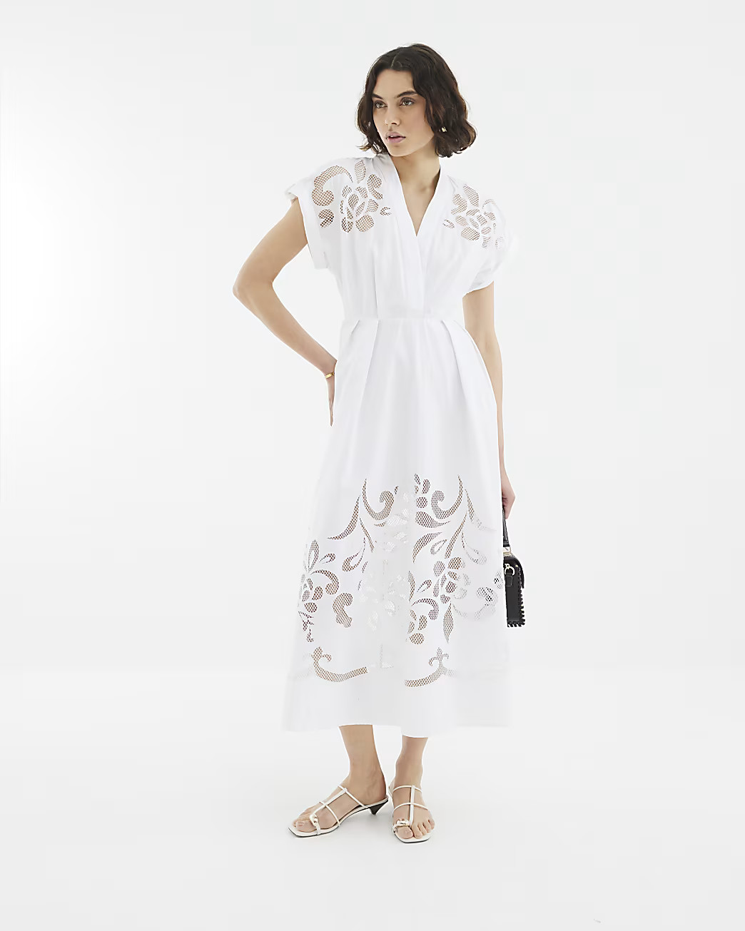 White Short Sleeve Cutwork Midi Dress | River Island UK & IE