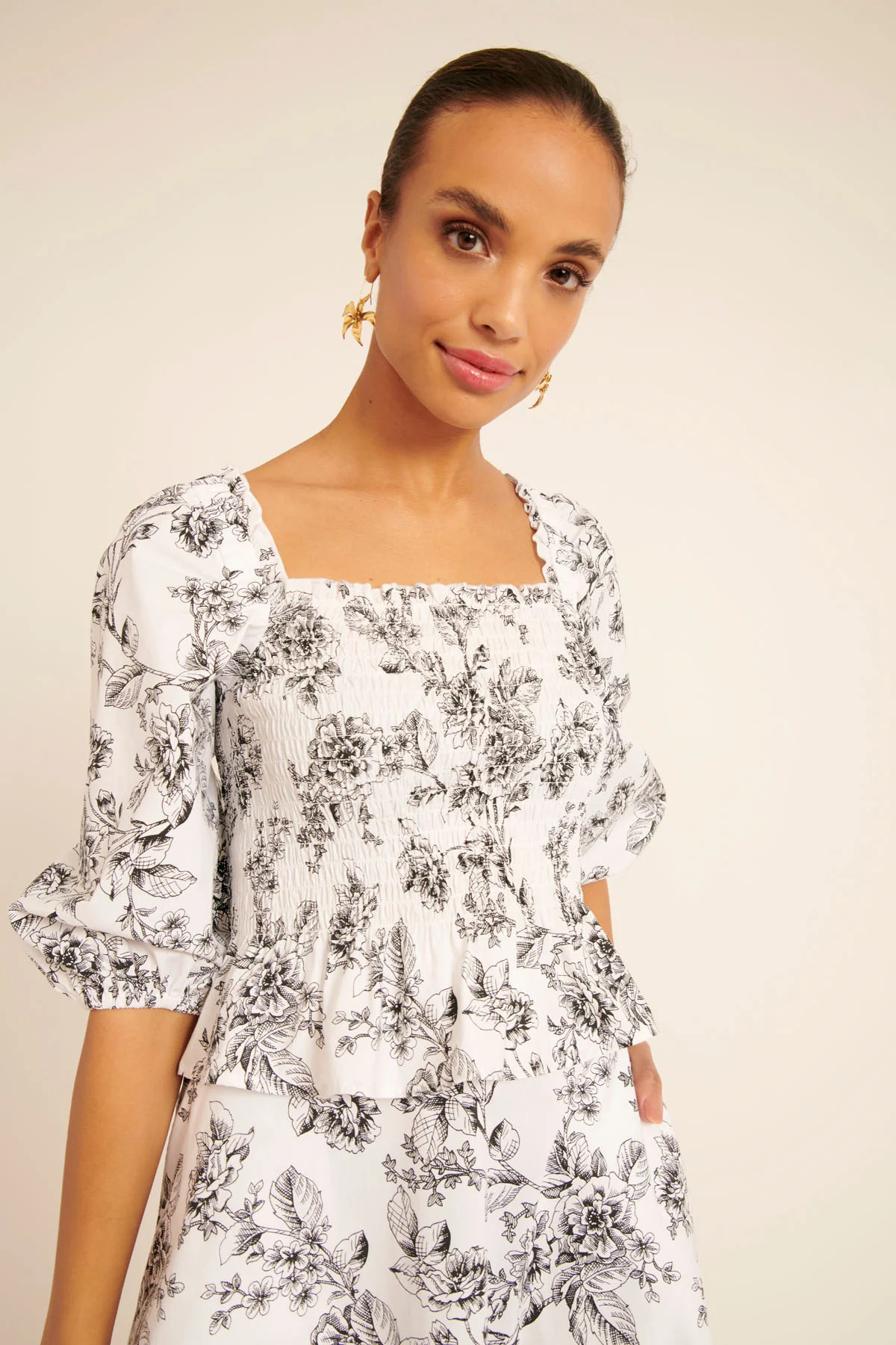 Cotton Poplin Smocked Top Floral Toile - Black | Rachel Parcell