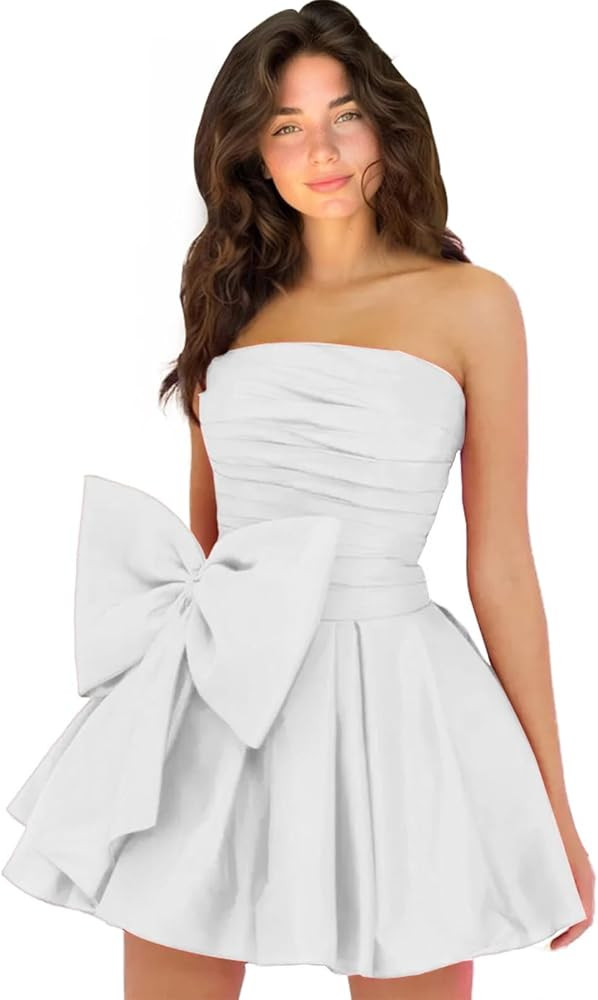 Ruffle Satin Homecoming Dress with Bow 2024 for Teens Junior's Strapless Mini Cocktail Prom Dress | Amazon (US)
