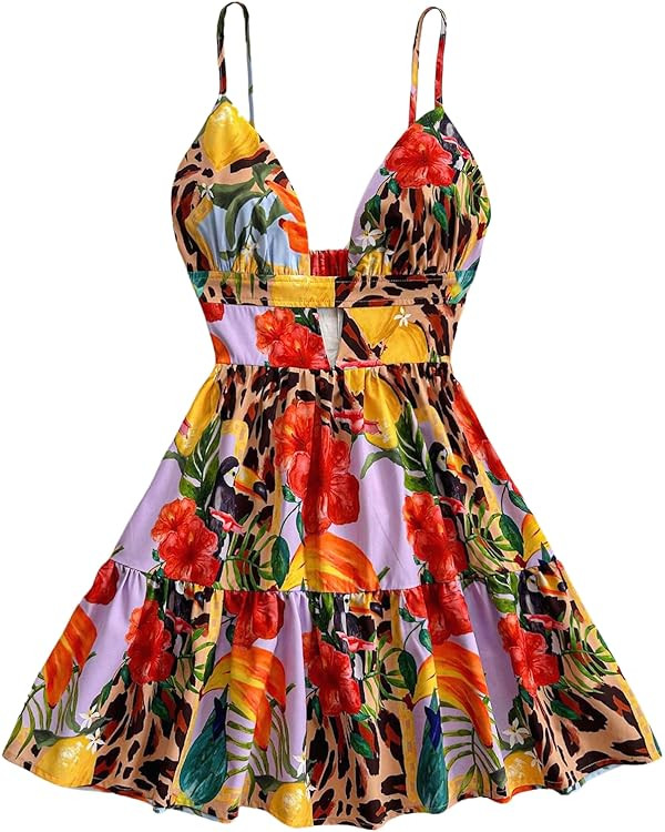 Milumia Women's Leopard Print Floral Mini Dress Deep V Neck Cut Out Backless A Line Cami Dresses | Amazon (US)