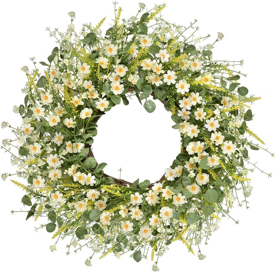 24 Inches Artificial Daisy Flower Wreath with Eucalyptus Leave Silk Flower White Berries Spring Summer Wreath for Front Door Wall Decor | Amazon (US)
