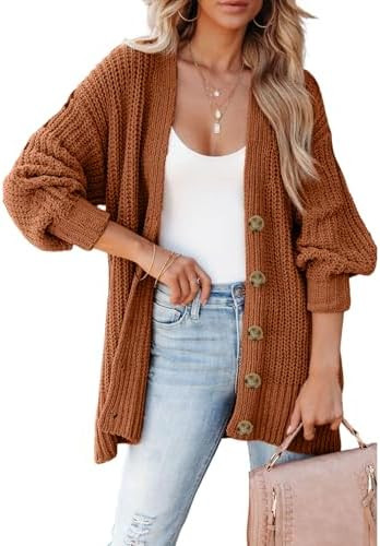 SHEWIN Womens Oversized Open Front Cardigan Sweaters Long Lantern Sleeve Button Knit Chunky Sweat... | Amazon (US)