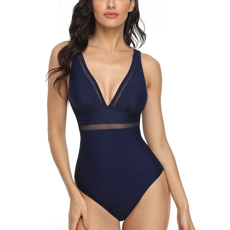 Hilor Women's One Piece Swimsuits V Neck Bathing Suits Low Back Mesh Monokini Swimwear | Walmart (US)