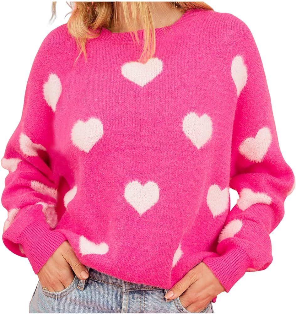 Women Crewneck Long Sleeve Sweaters Casual Loose Comfy Fuzzy Knit Chunky Warm Pullover Cute Heart... | Amazon (US)