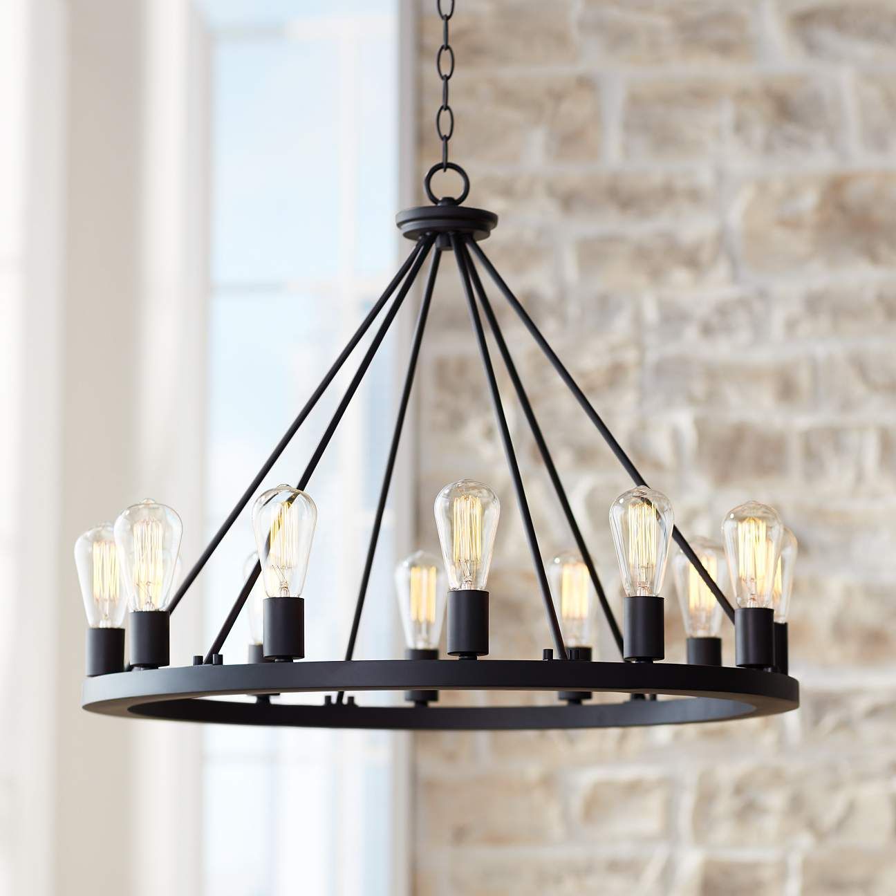 Lacey 28" Wide Round Black 12-Light LED Wagon Wheel Chandelier | Lamps Plus