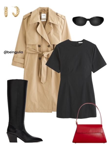 Spring outfit inspiration! Details below:

-Tan trench coat from Abercrombie 
-Black T-shirt dress from Abercrombie 
-Black knee high boots from Steve Madden
-Red shoulder bag from H&M
-Black rounded sunglasses from Celine 
-Gold dome hoop earrings from Mejuri 



#LTKstyletip #LTKworkwear #LTKcanada