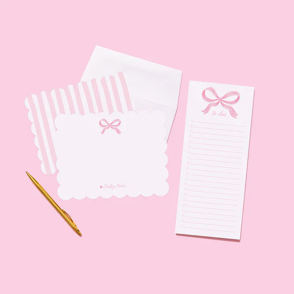 Shelby Parks Pink Bow Personalized Scallop Stationery and To-Dos Notepad Bundle | Joy Creative Shop