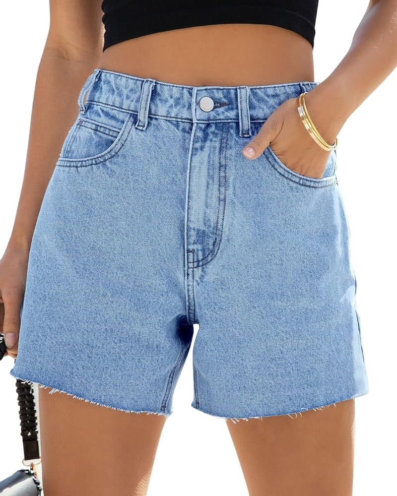 Goranbon Women's High Waisted Jean Shorts Straight Leg Raw Hem Retro Denim Shorts Summer Hot Pant... | Amazon (US)