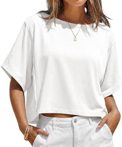 Fisoew Womens Oversized Crop Tops Summer Short Sleeve Crewneck T Shirts Casual Loose Basic Tee Wo... | Amazon (US)