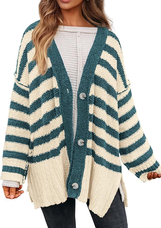 PRETTYGARDEN Women's Striped Cardigan Sweaters Long Sleeve Button Down Chunky Knit Oversized Fall... | Amazon (US)