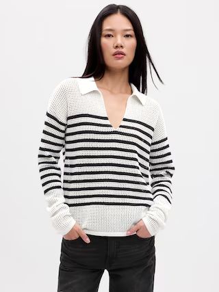Relaxed Stripe Crochet Collared Sweater | Gap Factory