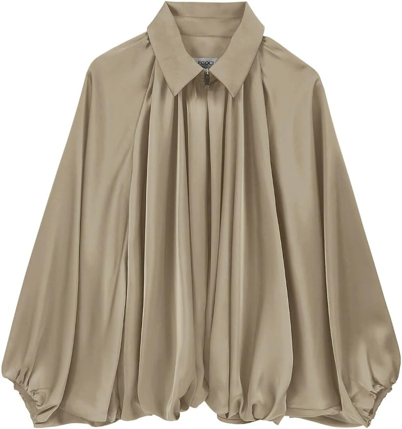 Womens Satin Puffed Bomber Jacket Oversized Batwing Sleeve Lapel Collar Pleated Zip Up Outerwear ... | Amazon (US)