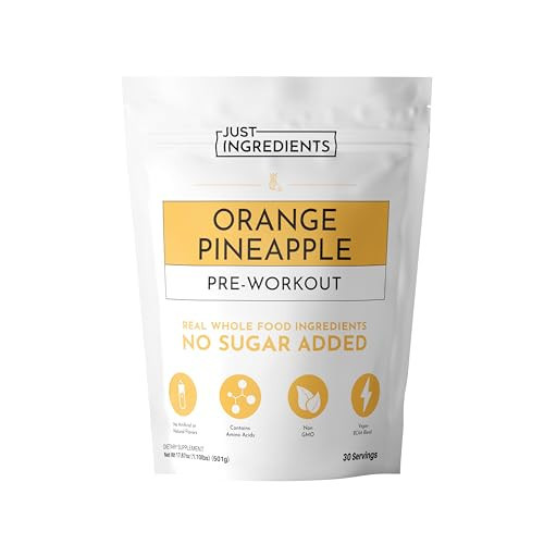 JUST INGREDIENTS Pre-Workout – Orange Pineapple| 30 Servings, BCAA Blend, Beta Alanine, Citrulline Malate, Ginseng, Maca Root, Taurine| Supports Energy, Focus & Endurance | Amazon (US)