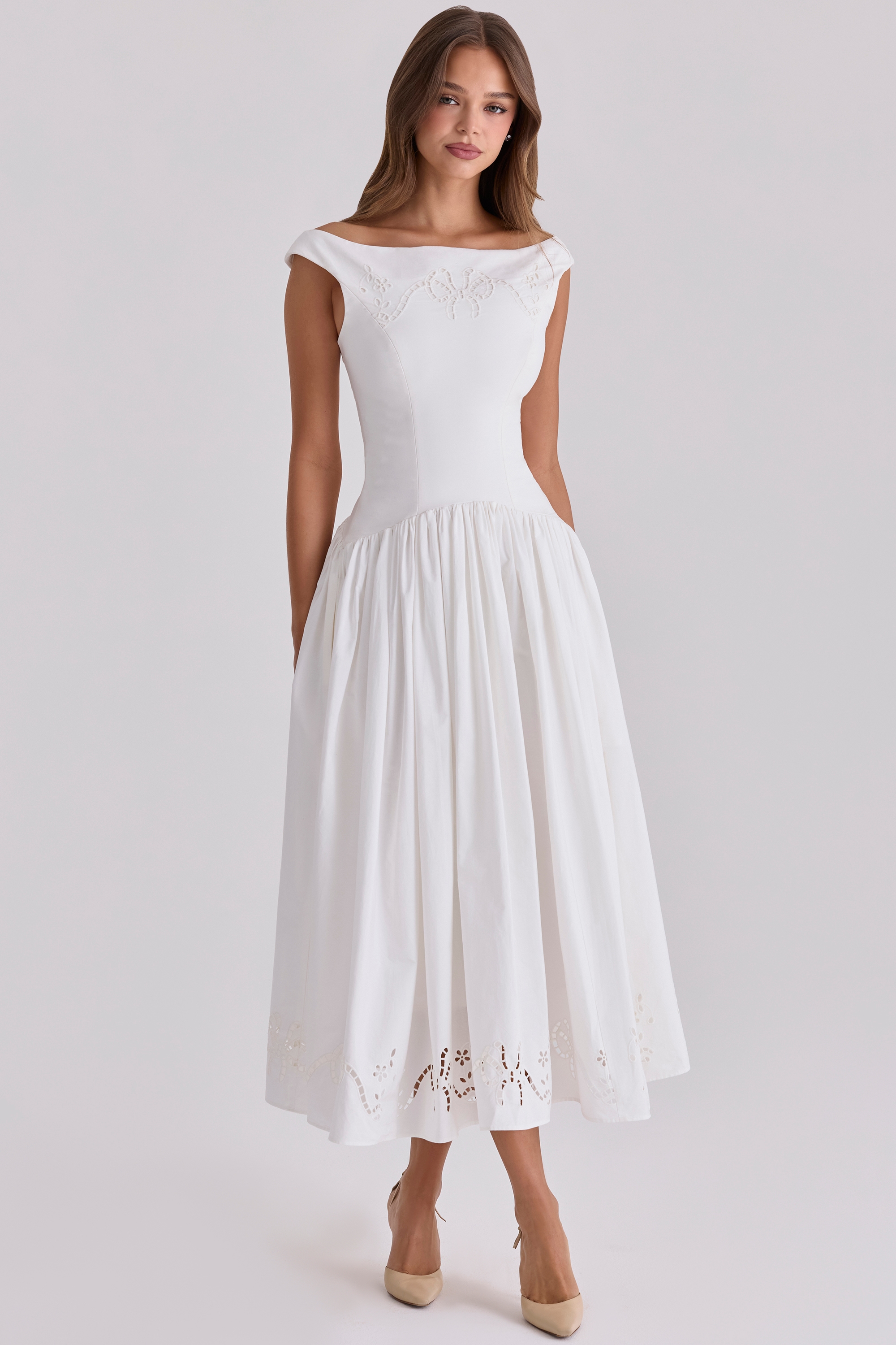 white cotton broderie anglaise boat neck maxi dress | House of CB