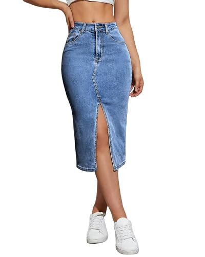 Midi Denim Skirt High Waisted Front Split Casual Stretch Knee Length Jean Skirt for Women Mid Blue M | Amazon (US)