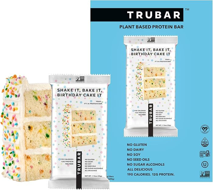 TRUBAR Vegan Protein Bar, Shake it Bake it Birthday Cake it, Gluten Free, Plant Based Protein, Da... | Amazon (US)